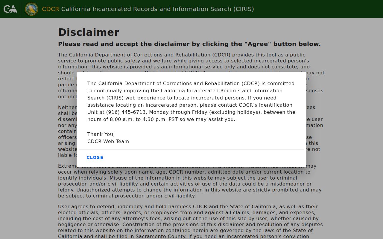 Alpine County arrest history CDCR CIRIS incarcerated person search