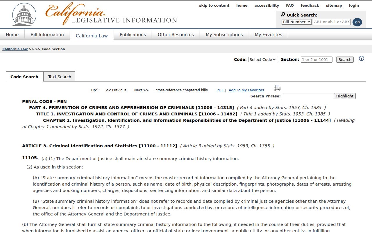 Markleeville criminal history Penal Code 11105 source