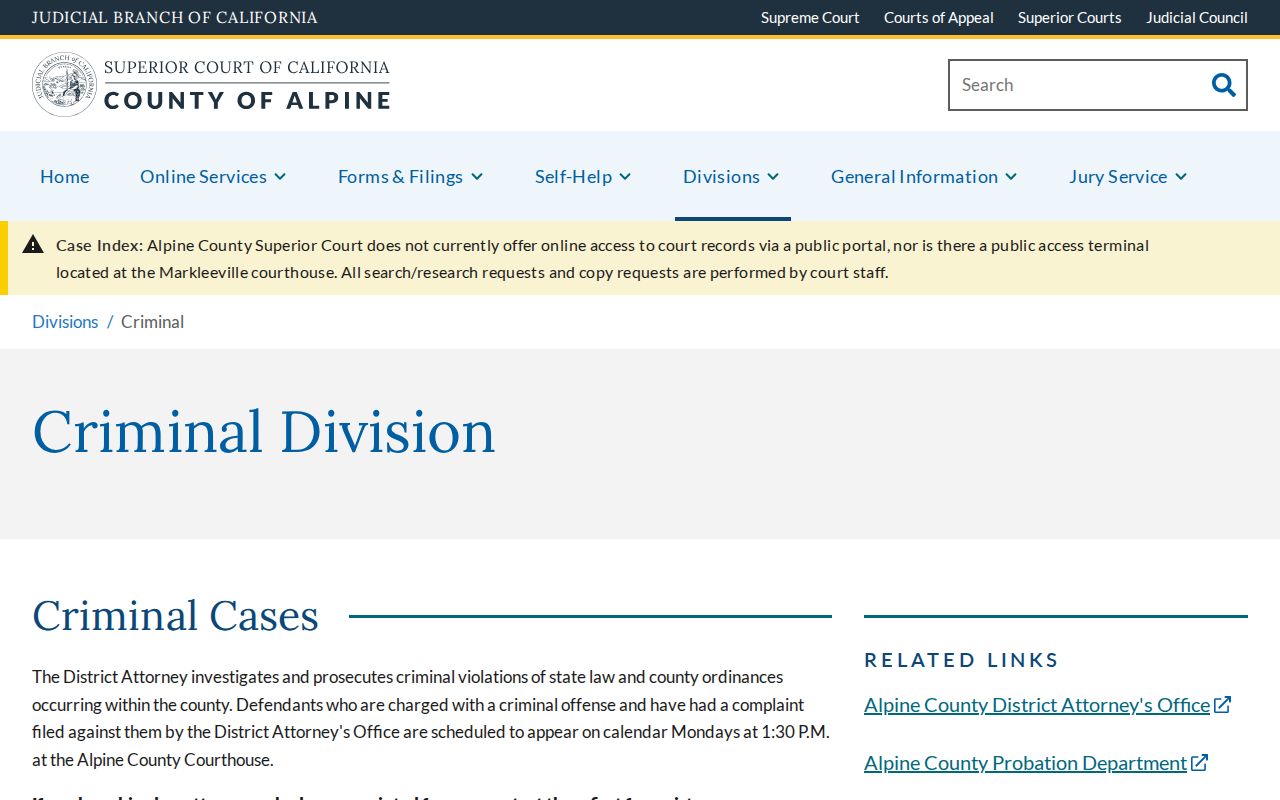 Alpine County criminal court case calendar and division information