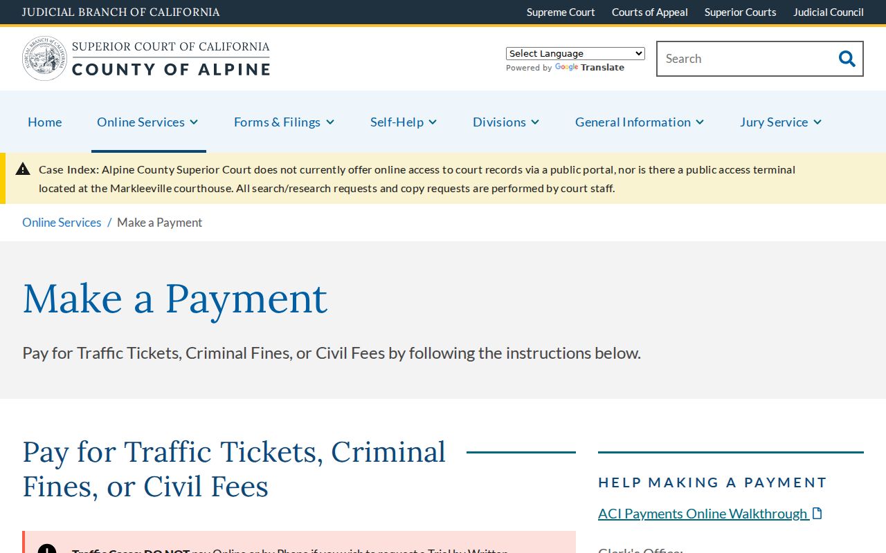 Alpine County criminal court case online payment instructions