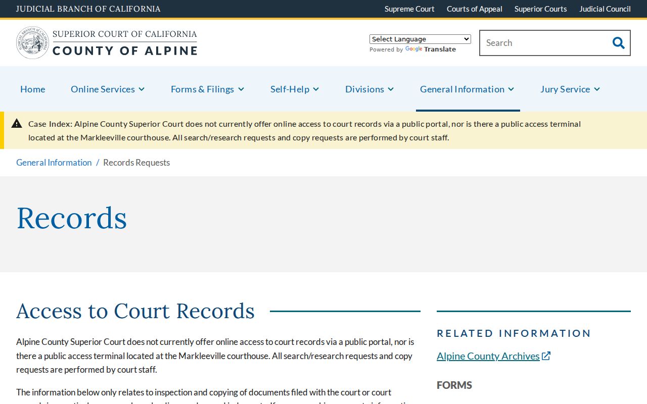 Alpine County criminal court case records request rules