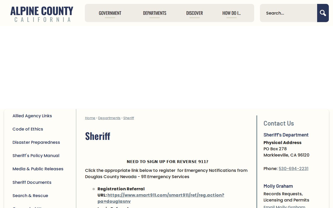 Alpine County Sheriff criminal records contact page