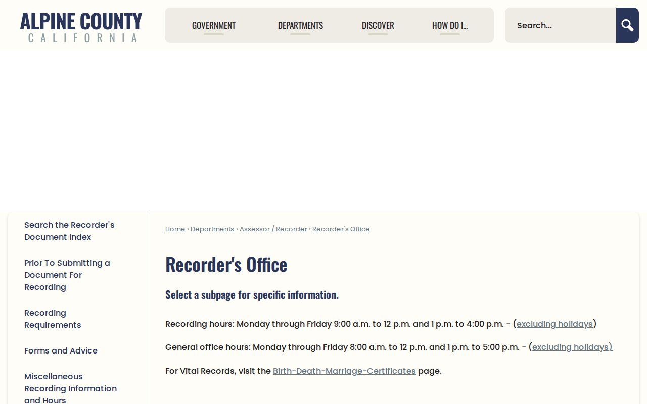 Alpine County Recorder public records office information